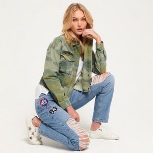 Like New! [Superdry] Green Camo Utility Crop Jacket + Military Patches | Medium